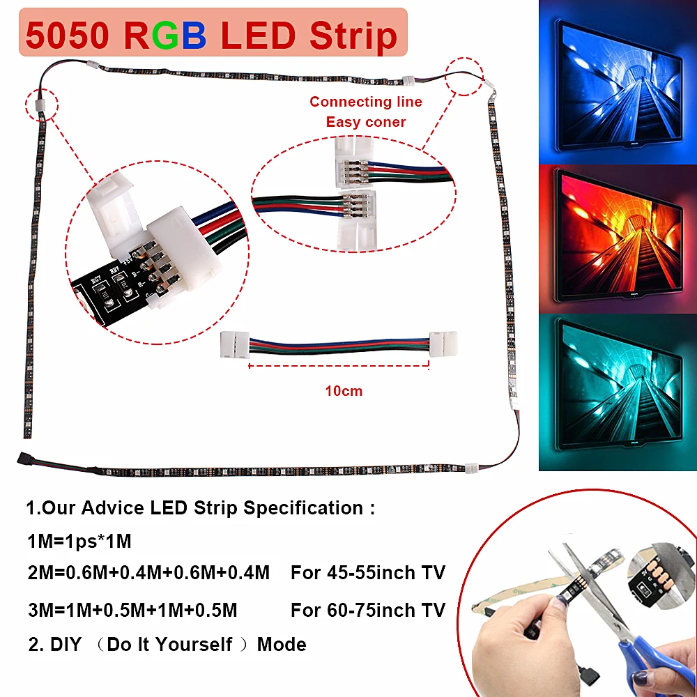 Светодиодная лента RGB, светильник 5050, 5 В, USB, гибкая лента, светодиодный, 0,5 м, 1 м, 2 м, 3 м, Светодиодная лента с подсветкой для телевизора, с 17-клавишным пультом дистанционного управления