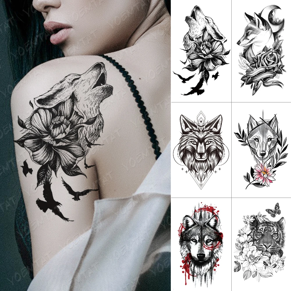 Wolf With Flower Temporary Tattoo Waterproof Fake Wolf  Etsy Denmark