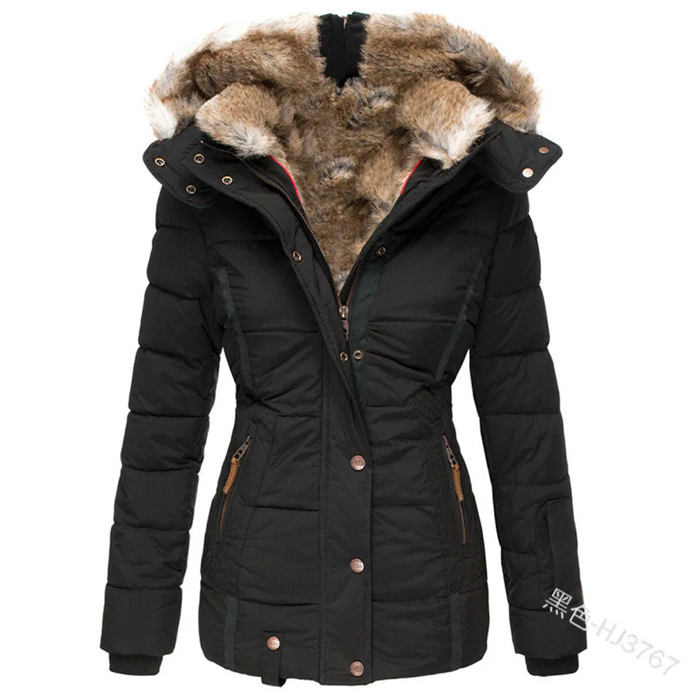 

Female Cotton Padded Jackets Winter Casual Women's Fur Collar Long Sleeve Slim Solid Cotton Basic Jacket Hooded Top Warmness XXL