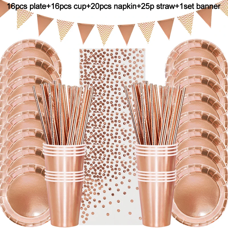 Rose Gold Party Disposable Tableware Set Paper Plate Cup Napkin Wedding