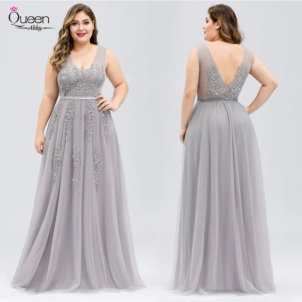 

Plus Size Homecoming Dress Appliques Lace V-neck Tulle Dress Elegant Backless Dress for Party vestidos de fiesta de noche