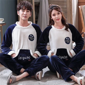 

Winter Long Sleeve Women Pajamas Set Warm Cartoon Yellow Bear Flannel Pajama Couple Coral Velvet Sleep Wear Pyjamas 2Piece Set