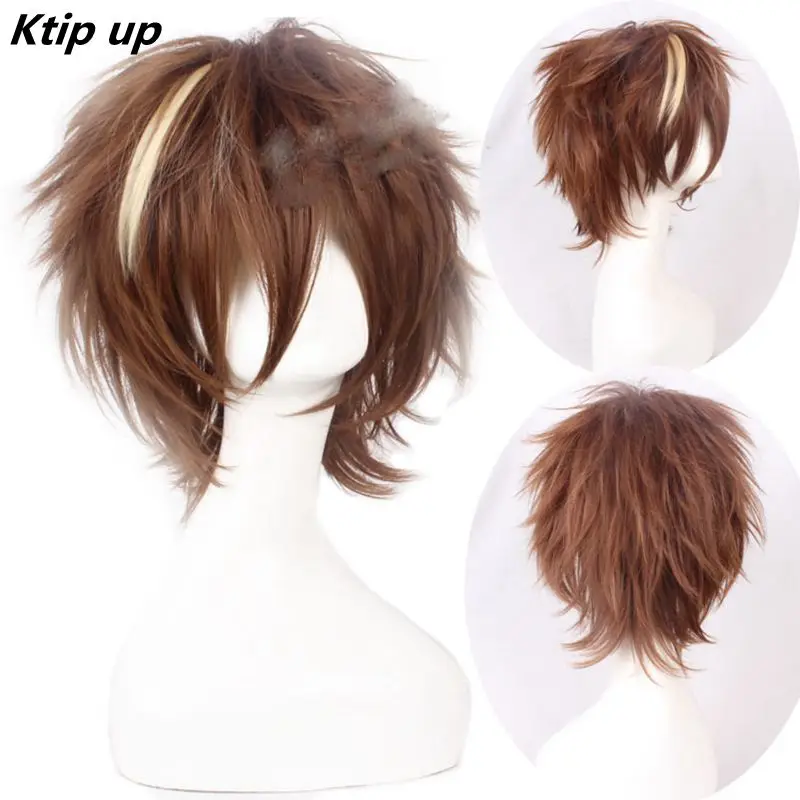

Ktip Up Gulity Crown Sakuman Shu Cosplay Wig Brown Mix Synthetic Hair Anime Short Straight Hair Wigs