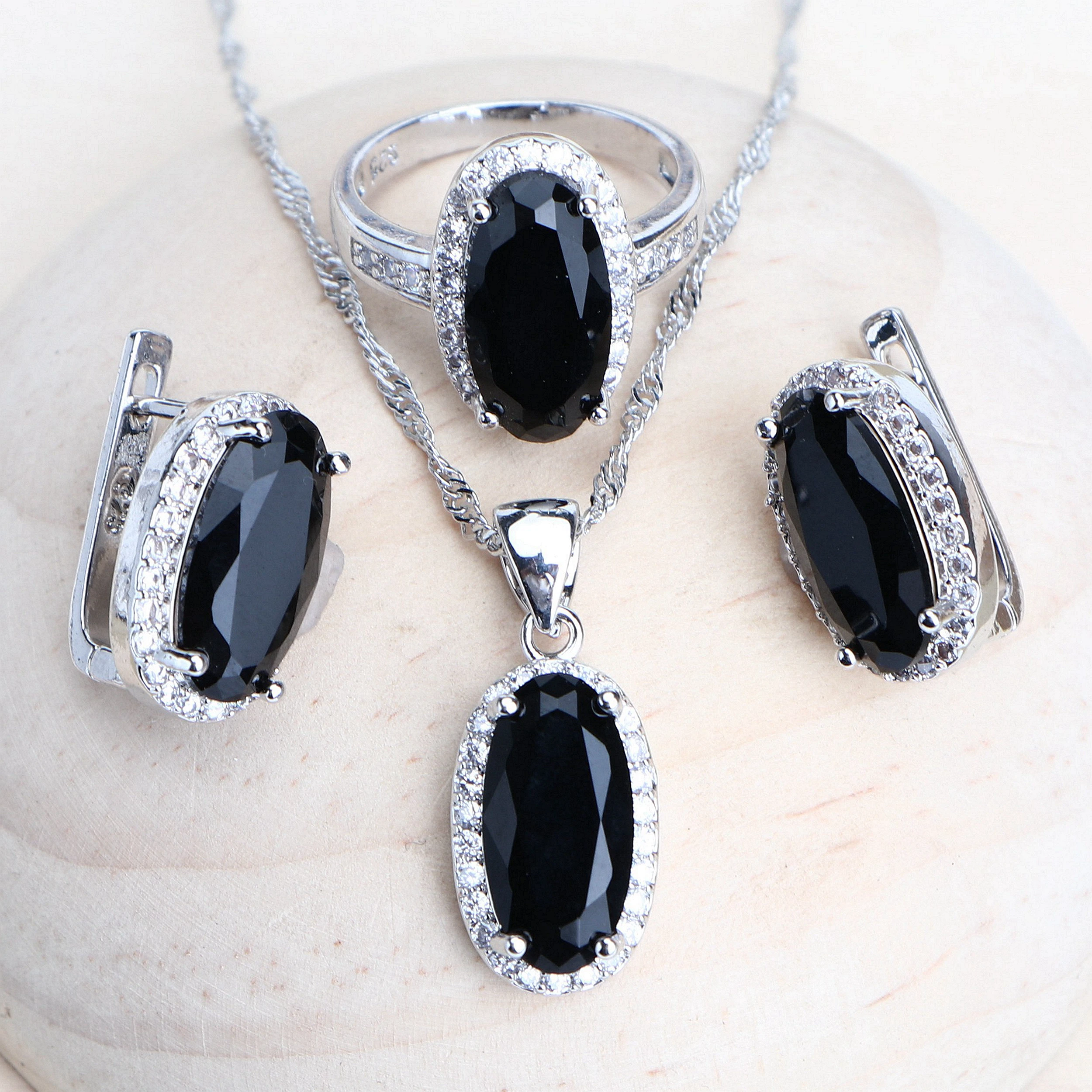 Trendy Women Bridal Jewelry Sets Silver 925 Black Cubic Zirconia Jewellery Wedding Earrings Rings Bracelets Pendant Necklace jewelry set,silver jewelry,silver jewelry set
