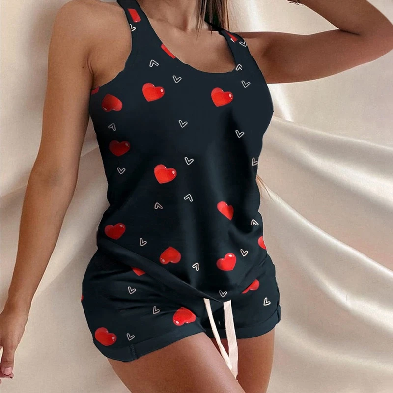 Puimentiua-Conjunto de pijama para mujer, camisola con estampado de corazón, pantalones cortos con cordón, lencería, sin mangas, tela para el hogar, 2021