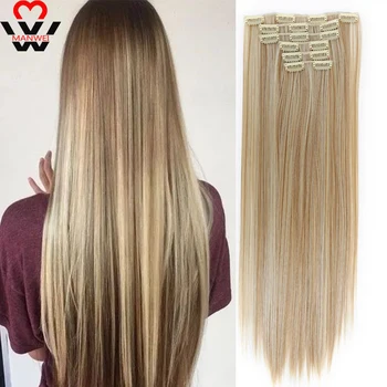 

MANWEI 16 Clips 22 Inch Full Head Clip In Hair Extension Long Straight Natural Black Synthetic Hair Piece For Women