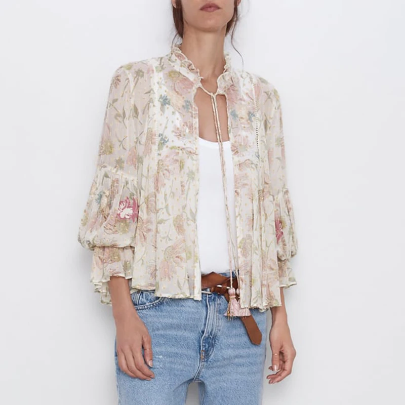 

KHALEE YOSE Floral Embroidery Blouse 2019 Autumn Chiffon Print Blouse Shirt Long Sleeve Ruffle Women Gypsy Top Vintage Overshirt