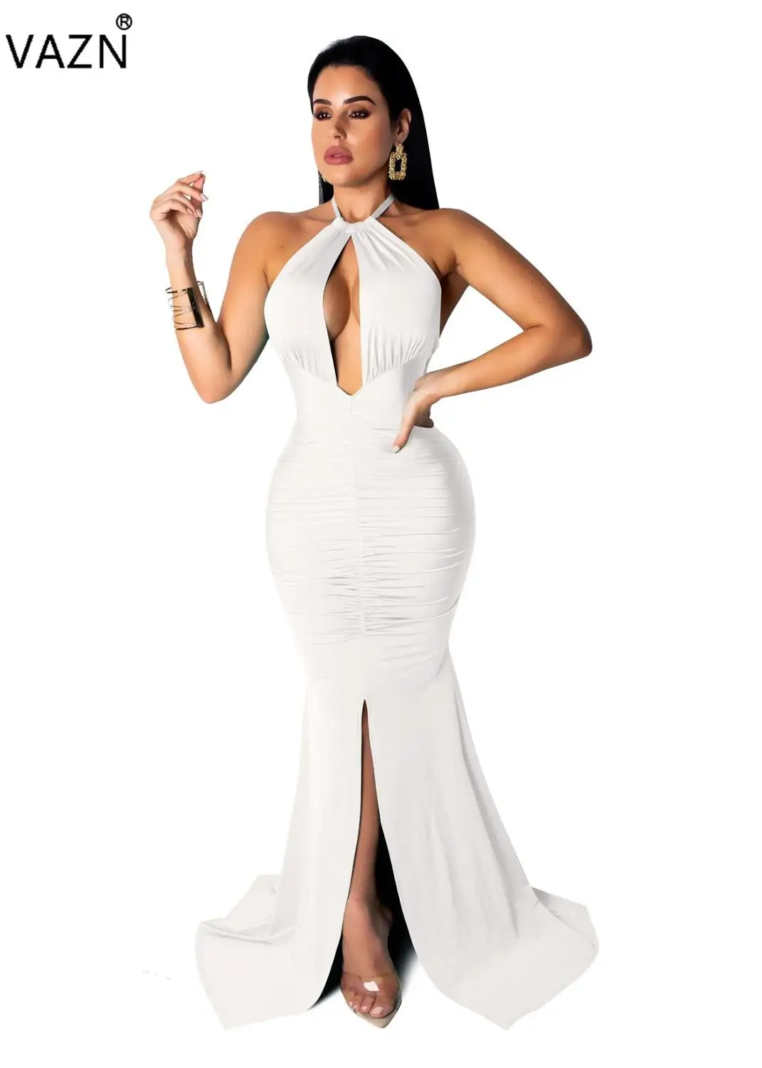 VAZN FM1011 продукт лето сексуальная леди 4 цвета длина до пола платье Холтер Труба тонкое сплошное платье леди ночная Вечеринка платье - Цвет: Белый