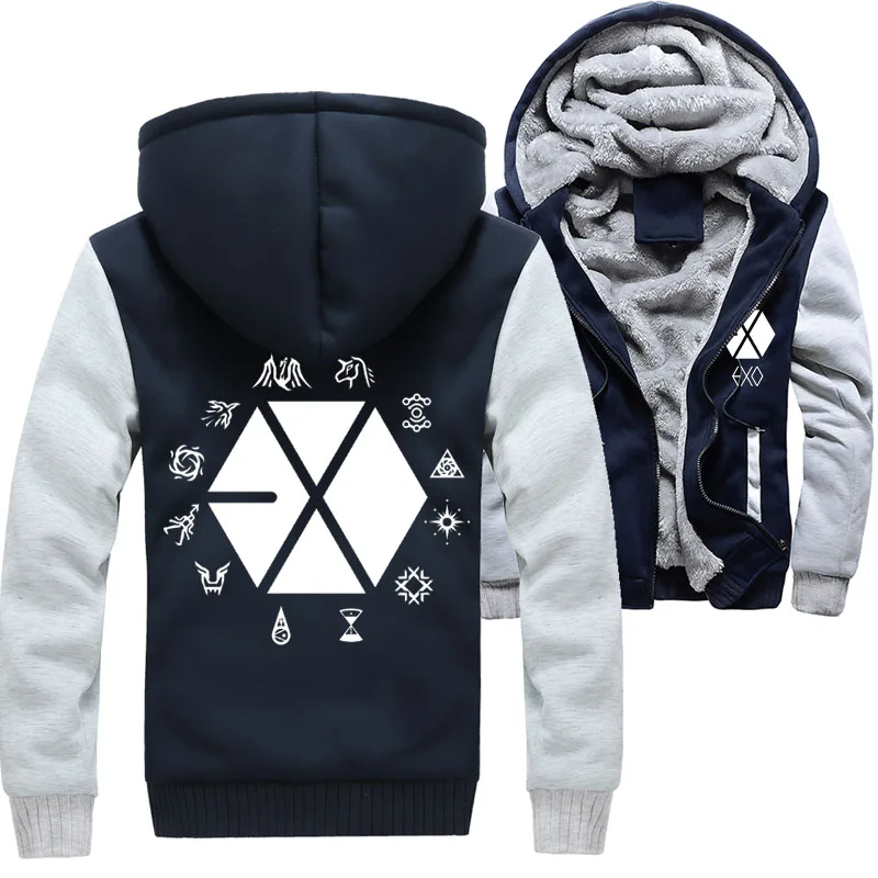 Мужские Фланелевые пальто EXO на молнии с капюшоном, зимние теплые хлопковые стеганые куртки EXO Planet, повседневные толстовки - Цвет: Navy