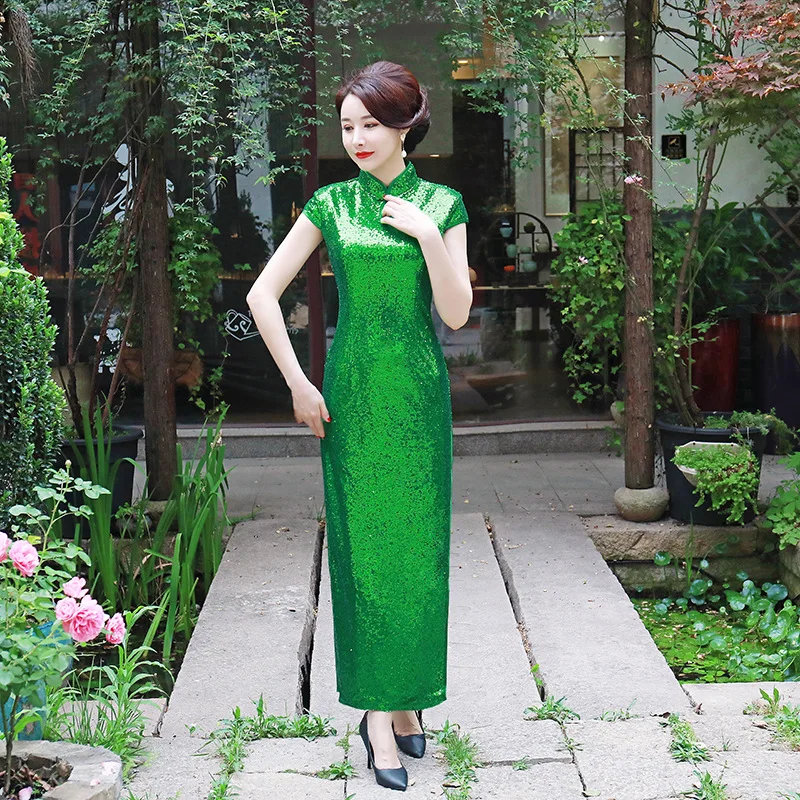 Китайский традиционный Чонсам лотоса блестки Cheongsam с коротким рукавом Cheongsam стройные Qipao показать Cheongsam Vestido плюс Размеры 5XL - Цвет: green