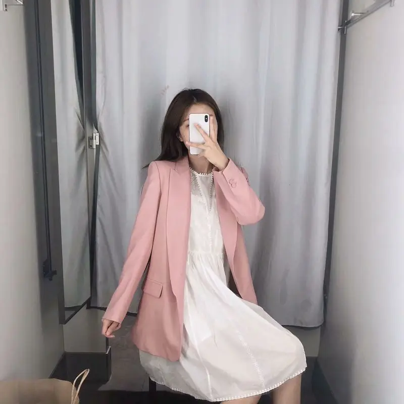 

2019 Fashion Sexy Pullover Suit Collar Long Sleeve Solid Color Straight-Cut Tops Women's Pocket-Accent Medium-length Suit Jacket