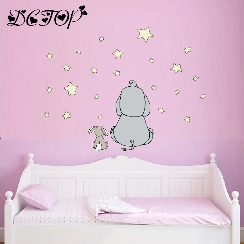 Cute Cartoon Nursery Elephant and Rabbit Wall Decals DIY Stars Stickers For Kids Baby Room Home Decortion Funny Art Vinyls Mural (4)