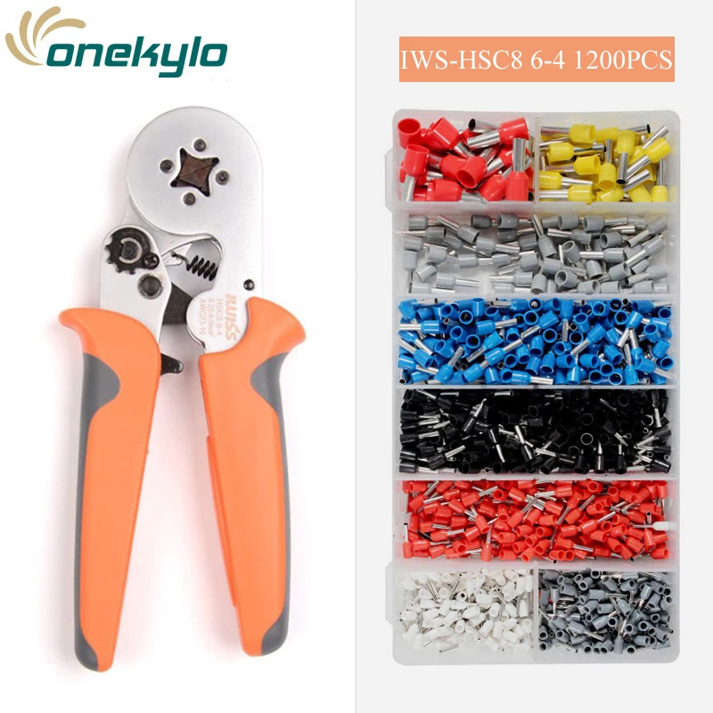 

IWS HSC8 6-4 Crimping tools pliers with 1200PCS electrical tubular terminals box mini clamp range 0.25-6mmІ 23-10AWG tools sets