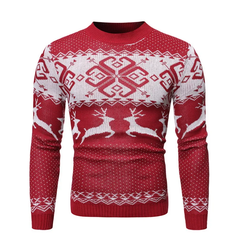 Мужской Рождественский свитер, осенне-зимний модный пуловер с круглым вырезом и принтом оленя, вязаный джемпер, свитера, Повседневная тонкая шерстяная мужская одежда