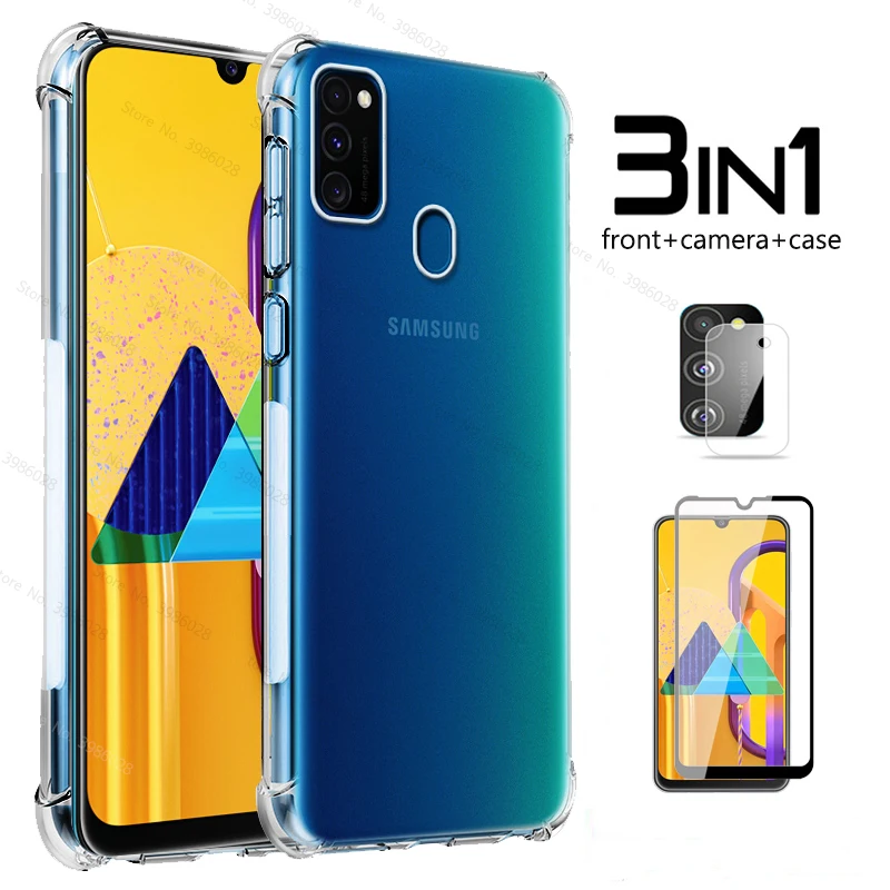 Прозрачный мягкий чехол 3 в 1 + Защитное стекло для samsung galaxy m21 m30s a51 a71 m 21 30s a 51 71 a515f