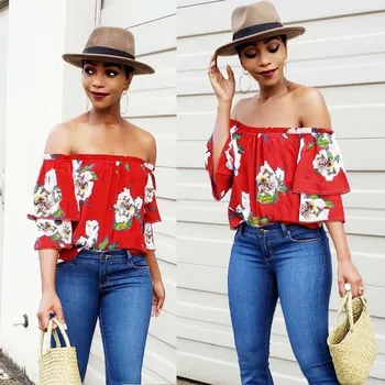 

Women's Off the Shoulder Print Blouse T-shirt