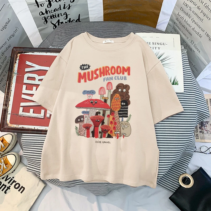 Cotton Material Retro Apricot Mushroom Cute T Shirts O-neck Casual Summer Plus Size Woman Tshirts 2021Fashion Streetwear Clothes sport t shirt Tees