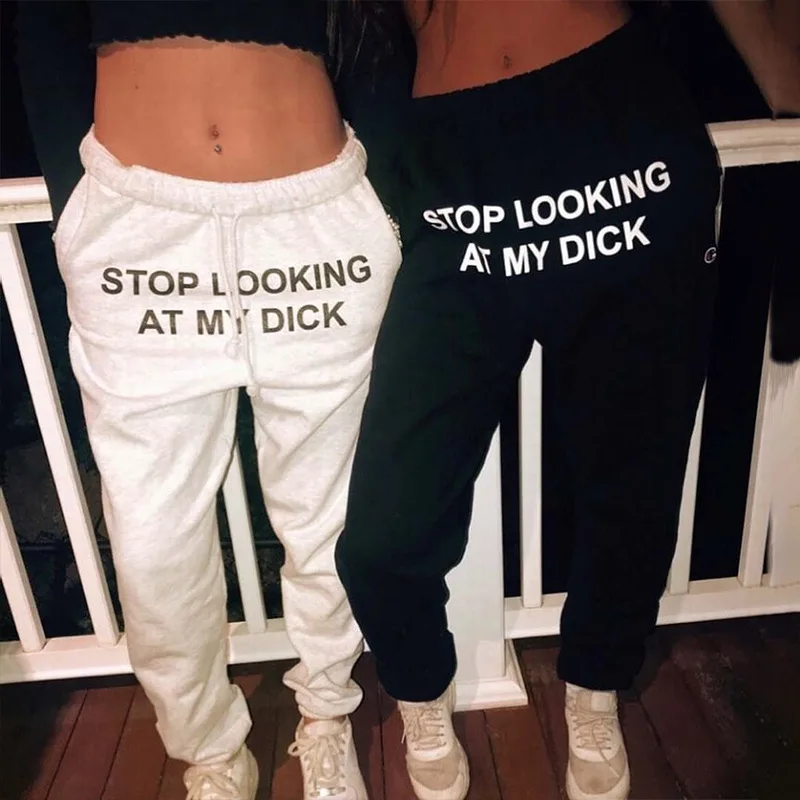 Pockets Stop-Looking My-Dick-Sweatpants Grey Letter Drawstring Casual Trousers Loose