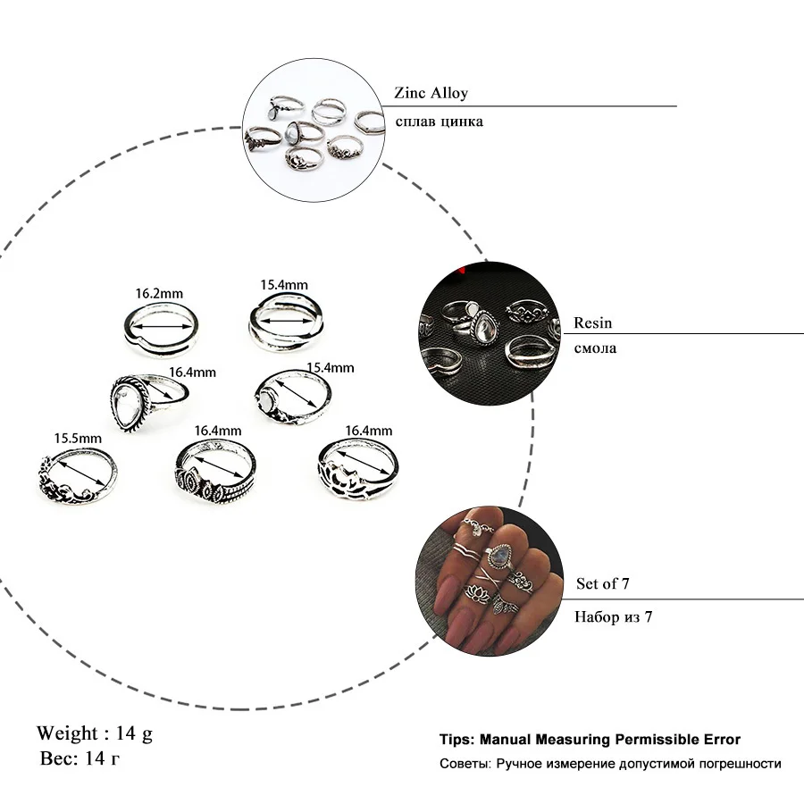 RAVIMOUR 7 стилей, винтажные кольца на кончик пальца для женщин геометрической формы, в стиле бохо, набор колец с цветком и кристаллами, богемные ювелирные изделия на палец средней длины, Bague Femme