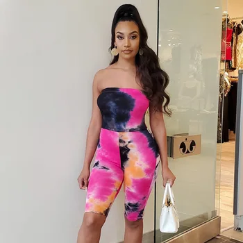 

2020 Summer Women Tie Dye Bodysuits Printed Romper Off Shoulder Sleeveless One-piece Color Sport Wear Short Jumpsuits