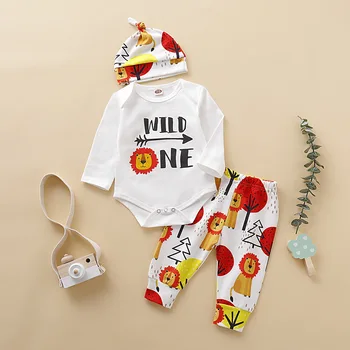 

2019 fashion Toddler Baby Boy Clothes Lion Print Long Sleeve Tops Romper Print Pants Hat Outfit Cute Cotton Clothing 3Pcs Set