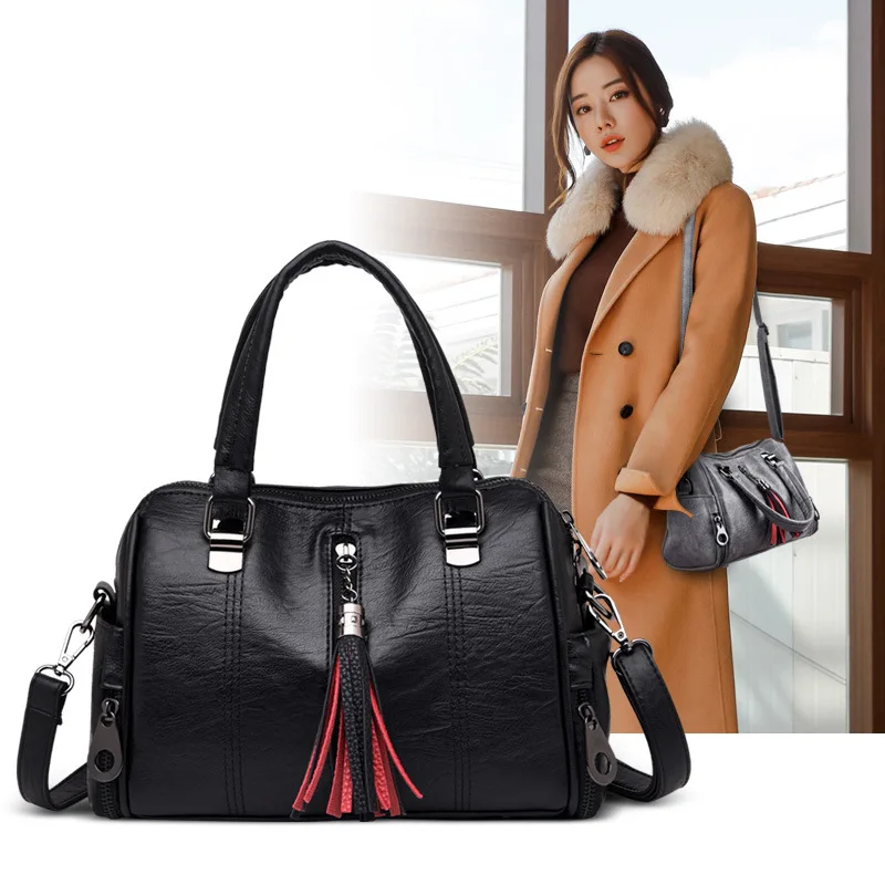 

Genuine Leather Tassels Women's Bag 2019 New Style Boston Bag European And American Minimalist Portable Shoulder Bag Cowhide Mom