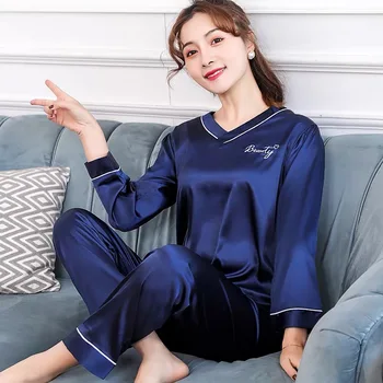 

Pajama Sets For Women 2Pcs Long Sleeve V-neck Pajamas For Ladies Spring Summer Comfort Silk Pyjamas Female Pijama Sleepwear
