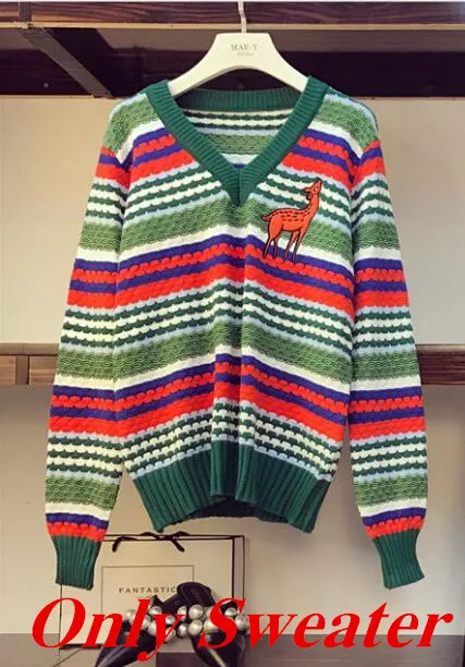Only Sweater Ретро свитер и юбка комплект из двух предметов женский v-образный вырез полосатый рукав летучая мышь вязаный пуловер Топы с бархатным костюм с длинный юбкой - Цвет: Only Sweater