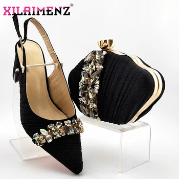 

Fashion Rhinestone Woman Shoes And Matching Bag Set Novelty Style Black Color Pumps Shoes And Bag Set For Party Wedding
