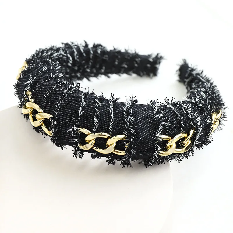 

2020 Hot Sale Cool Women Denim Fabric Hair Hoop Solid Color Hair Ornament Chain Twisted Sponge Headband Fashion Hair Accessories
