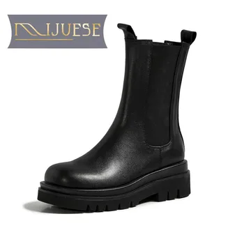 

MLJUESE 2021 women Ankle boots Cow leather winter short plush Square Toe Elastic band high heels female Chelsea boots size 43