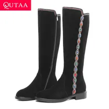 QUTAA/ г. Модная женская обувь на низком квадратном каблуке, украшенная стразами осенне-зимние сапоги до колена с круглым носком на молнии размер 34-40