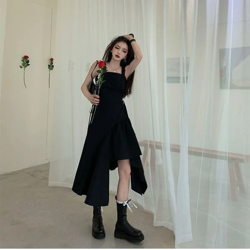 

QWEEK Goth Punk Dress Women Streetwear Summer Gothic Spaghetti Strap Slip Bandage Sexy Party Dress Korean Black Midi Dress Woman