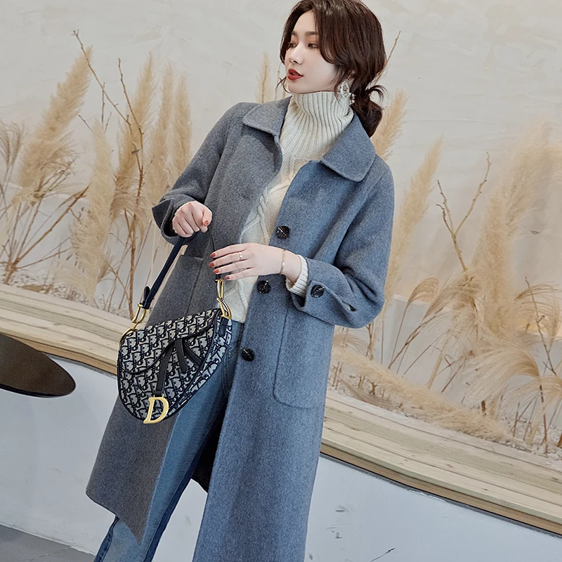 

2019 autumn and winter new solid color double-sided wool coat female long-sleeved fur coat long thick wool coat