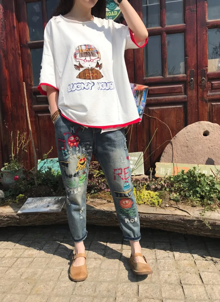 Модные корейские женские панковские брюки с мультяшными нашивками, Женские винтажные джинсы с вышивкой, эластичные женские штаны с завязками, SA608S30
