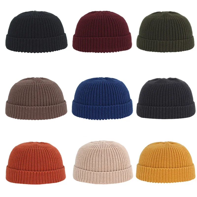 

Hip Hop Beanie Skull Cap Street Men Brimless Hats Knitted Hat Women Winter Hat Cuffed Short Solid Pumpkin Portable Melon Caps
