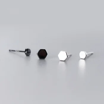 

925 Sterling Black White Silver Geometric Pentagon Stud Earrings for Women Girls Cute Minimalist Earing Femme Fashion Jewellery