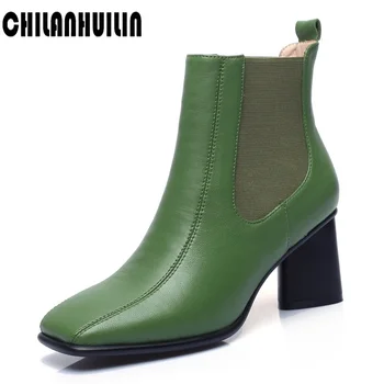 

classic fashion elasticity woman ankle boots female autumn winter genuine leather cowboy boots square toe slip-on high heel boot