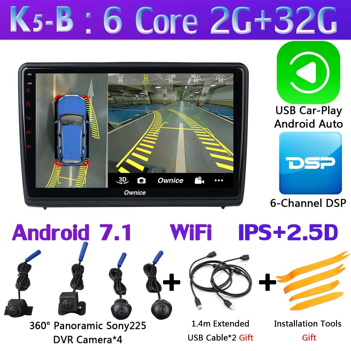 Панорамная камера на 360 °, 1din, 4G, LTE, WiFi, Android 9,0, 4G+ 64G, SPDIF, DSP, CarPlay, автопроигрыватель, головное устройство для Ford EcoSport, gps радио - Цвет: K5-B-CarPlay