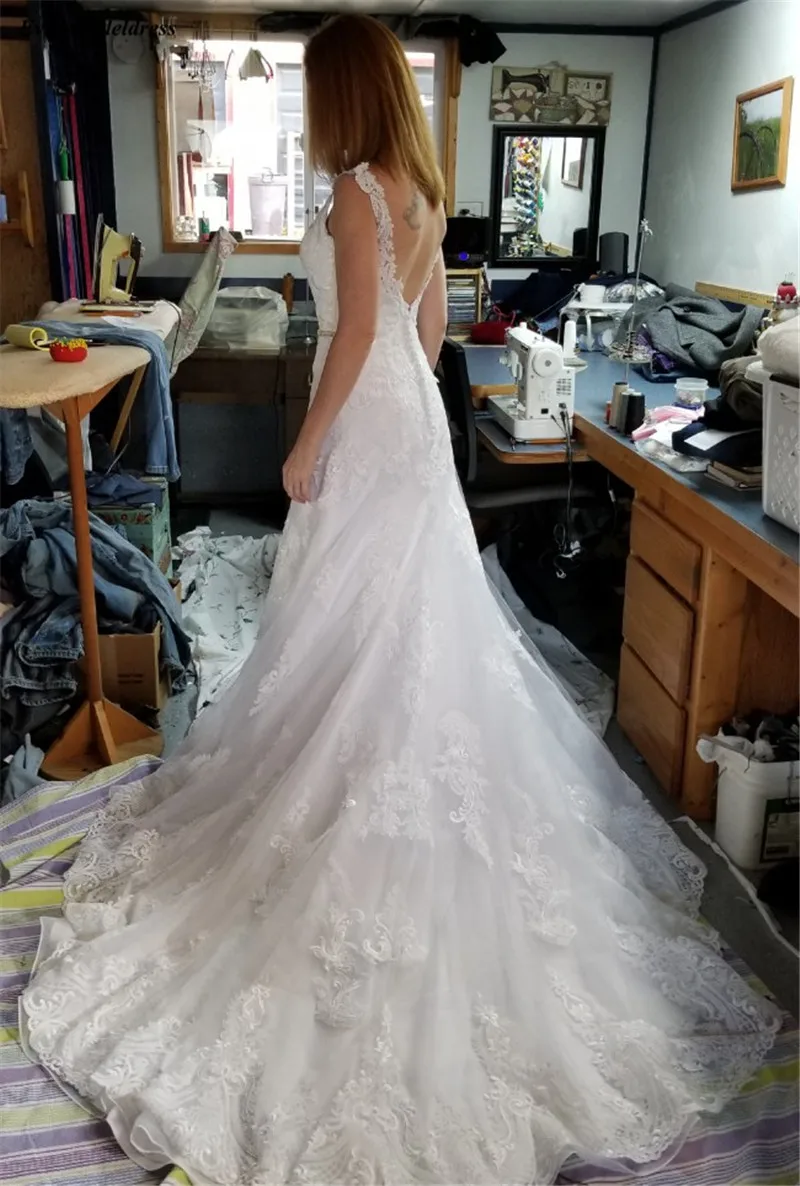 Vestido De Noiva Свадебные платья с кружевной аппликацией, v-образным вырезом, открытой спиной, шлейфом, свадебные платья, платье невесты