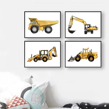 

Construction Vehicle Boys Canvas Poster Yellow Dump Truck Excavator Nursery Print Painting Pictures For Kids Room Home Decor