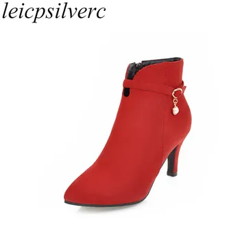 

Women's Boots Autumn Winter High Heel Warm Flock Pointed Toe Zipper Ankle Chelsea Shoes Pearl 2019 Sexy Fashion Black Gray Plush