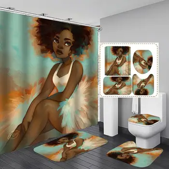 

4Pcs Women Print Bathroom Shower Curtain Toilet Lid Cover Non-Slip Floor Mat Rug Mat Kitchen bathroom Floor Decor Washable