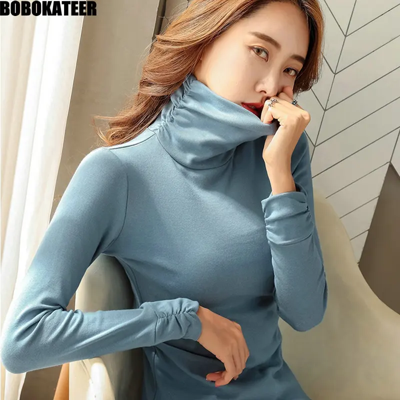 

BOBOKATEER Vintage Turtleneck Long Sleeve T shirt Women Clothes Plus Size Casual White Female T-shirt Tee Shirt Tops Fall 2019