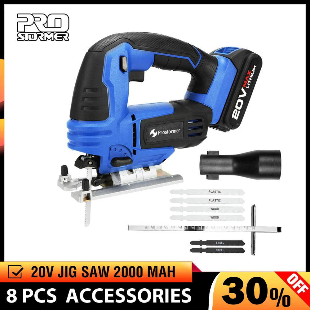 

PROSTORMER 20V Jig Saw Power Tool Cordless Jigsaw Quick Blade Change Electric Saw LED Light Guide With 6 Pcs Blades Woodworking