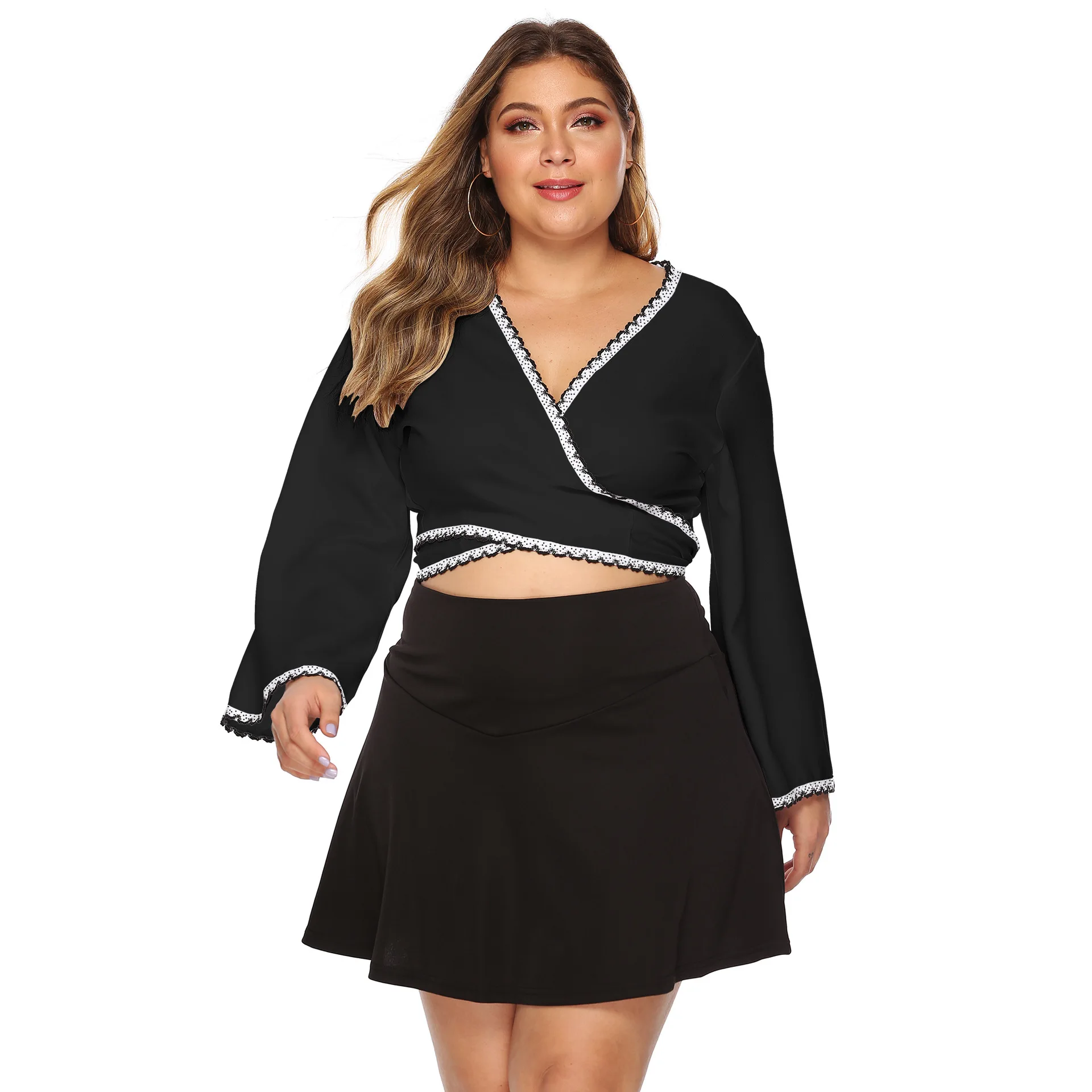 

Large Size Dress Bell Sleeve Joint Lace Irregular Cardigan Bandage Cloth Bow Short Versatile Tops Women's