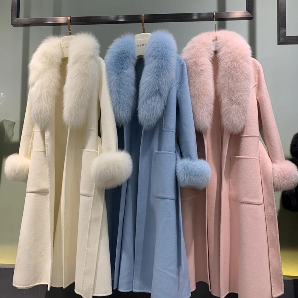 JAZZEVAR-Women's Elegant Winter Coat, Natural Fox Fur Jacket, X-Long Cashmere, Double-faced Wool Outerwear, Ladies Coats, Luxuri