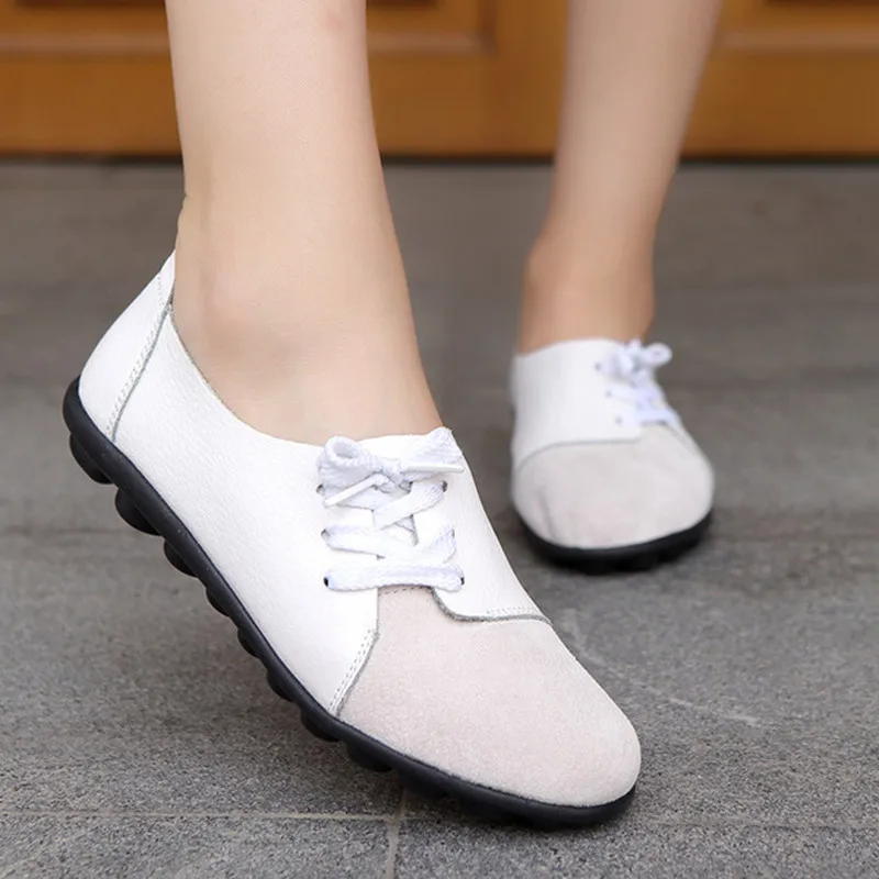 

Sizes 35-44 Korean Leisure Women's Shoes Flat Genuine Leather Patchwork Lace-up Ladies Shoes Flats Woman Moccasins Female Shoes