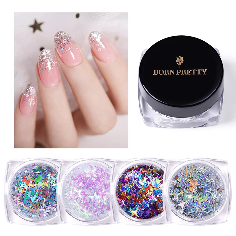 Born pretty, голографическая Блестки для ногтей Полые звезды серебро AB градиент цветной дизайн ногтей советы аксессуары для украшения