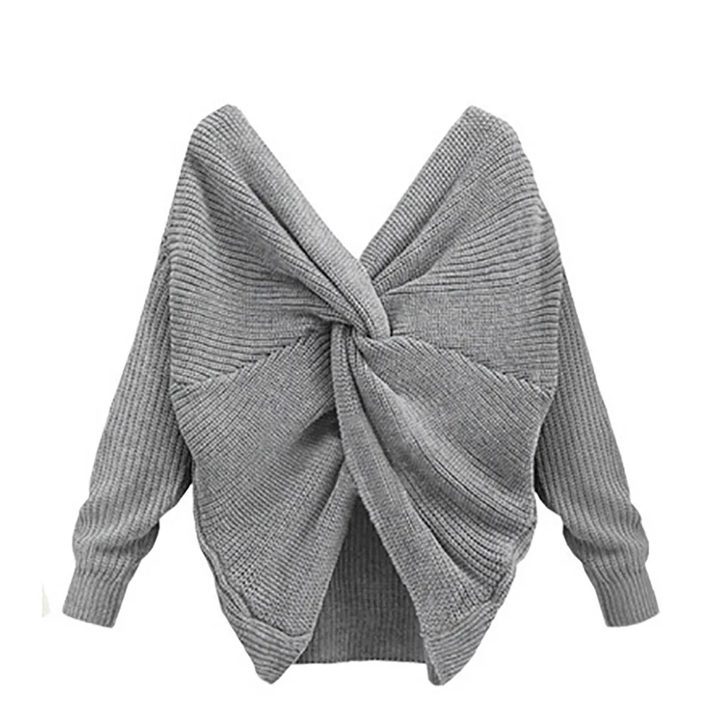Jaycosin V образным вырезом свитер с крученой спинкой Для женщин джемперы с длинными рукавами вязаная элегантные Повседневное Стильные Свитера Pull Femme - Цвет: Серый
